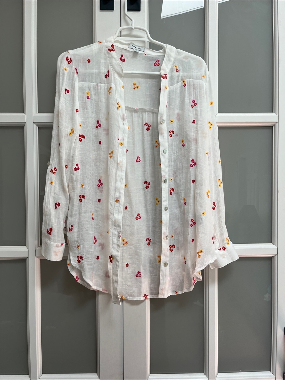 White Button-Front Women’s Shirt with Red and Yellow Floral Embroidery